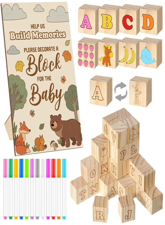 Watersay 53 Pcs Baby Shower Games Sign Kit Include 36 ABC Letter Alphabet Blocks 4 DIY Wooden Blocks 1 Block Frame Sign 12 Markers for Gender Reveal Building Game(Animal Style) - Image 1