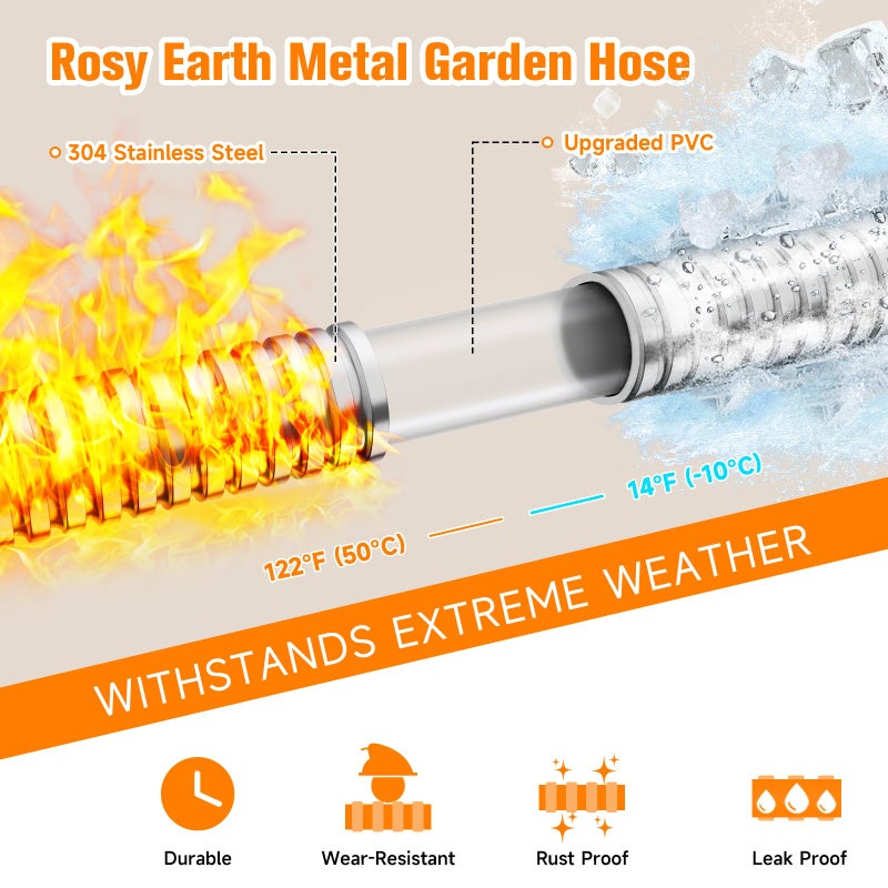 Rosy Earth 100 FT Garden Hose Expandable - 304 Stainless Steel Water Hose 100 FT - Heavy Duty Flexible Kink Free Hose, no Bite - Image 5