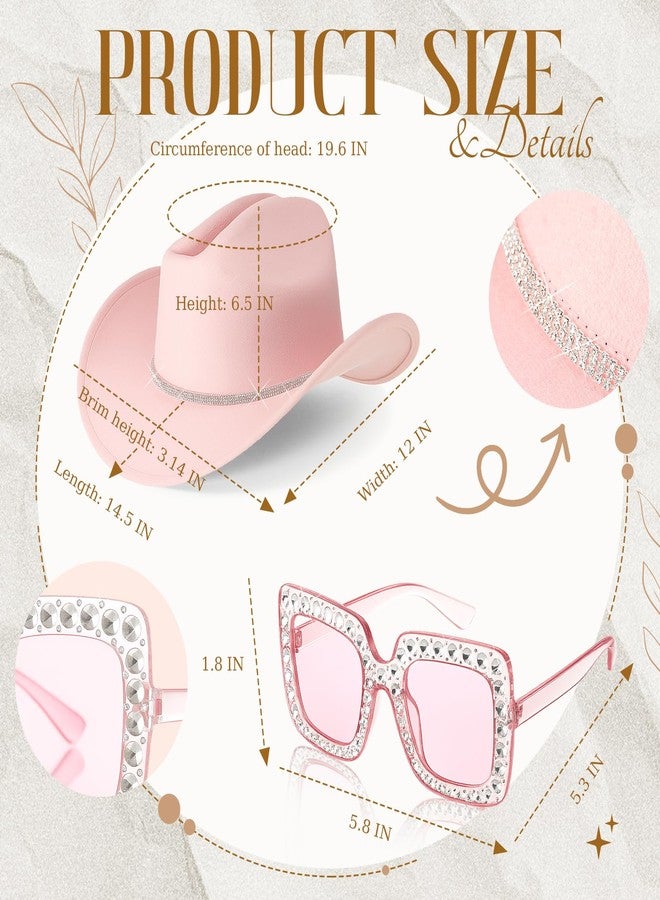 Cutecrop 5 Pcs Cowgirl Hat for Women Disco Outfit Rhinestone Cowboy Earring Necklace Sunglass Costume for Party Cosplay(Pink) - Image 2