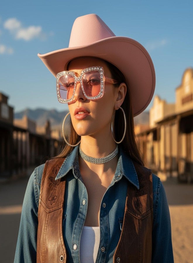 Cutecrop 5 Pcs Cowgirl Hat for Women Disco Outfit Rhinestone Cowboy Earring Necklace Sunglass Costume for Party Cosplay(Pink) - Image 4