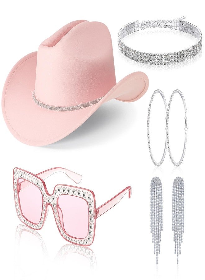 Cutecrop 5 Pcs Cowgirl Hat for Women Disco Outfit Rhinestone Cowboy Earring Necklace Sunglass Costume for Party Cosplay(Pink) - Image 1