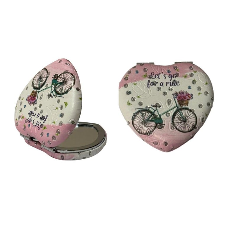 Portable Compact Heart Design Metal and Glass Mirror with Stones 2x1 Magnification for Makeup  - Image 1