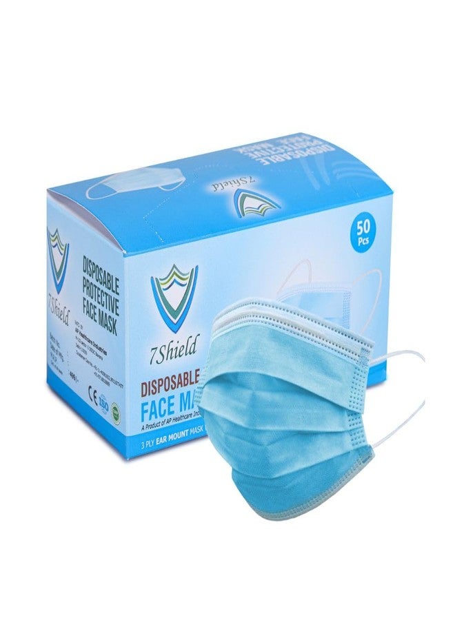 7Shield CE and ISO Certified Non-Woven Fabric Disposable Surgical 3Ply Unisex Mask with Inbuilt Plastic Nose Pin Without Valve (Blue, Pack of 50) - Image 1