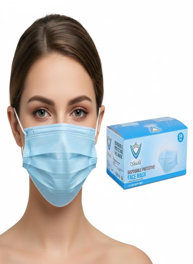 7Shield CE and ISO Certified Non-Woven Fabric Disposable Surgical 3Ply Unisex Mask with Inbuilt Plastic Nose Pin Without Valve (Blue, Pack of 50) - Image 3
