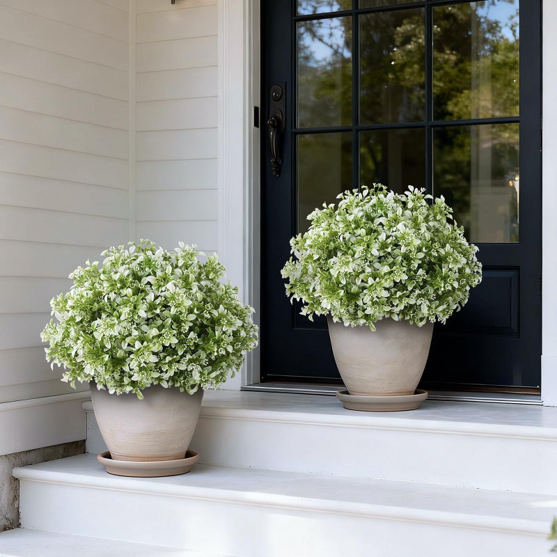 FOTEEWL Set of 2 Artificial Boxwood Topiary Ball Trees for Front Door - Realistic Faux Aglaia Odorata Bush with Pot, Fake Eucalyptus Leaves Potted Plants for Porch Farmhouse Outdoor Decor (White-Green) - Image 2