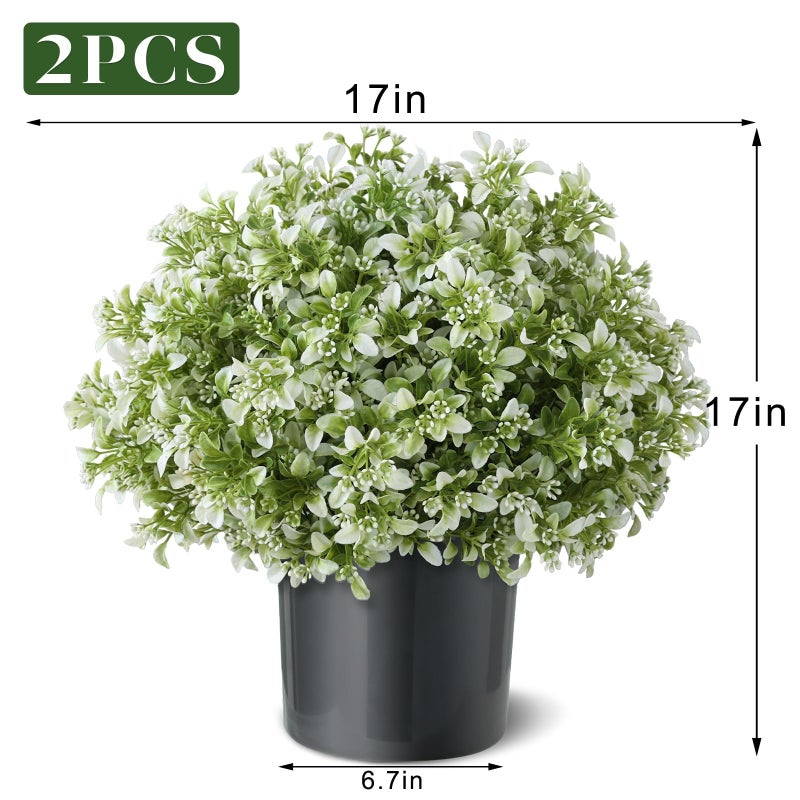 FOTEEWL Set of 2 Artificial Boxwood Topiary Ball Trees for Front Door - Realistic Faux Aglaia Odorata Bush with Pot, Fake Eucalyptus Leaves Potted Plants for Porch Farmhouse Outdoor Decor (White-Green) - Image 5