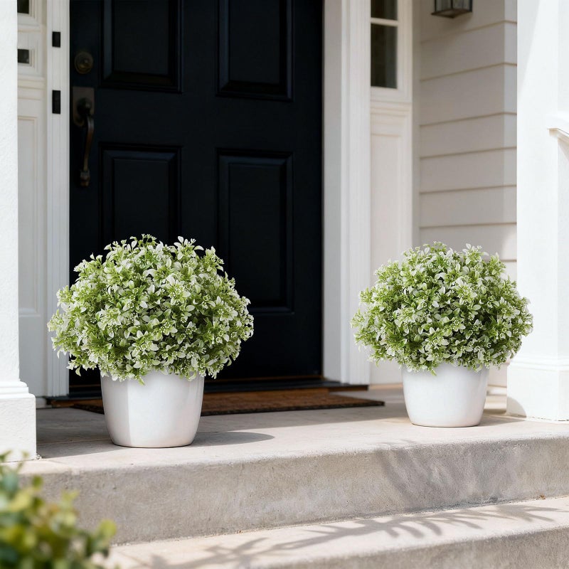 FOTEEWL Set of 2 Artificial Boxwood Topiary Ball Trees for Front Door - Realistic Faux Aglaia Odorata Bush with Pot, Fake Eucalyptus Leaves Potted Plants for Porch Farmhouse Outdoor Decor (White-Green) - Image 3