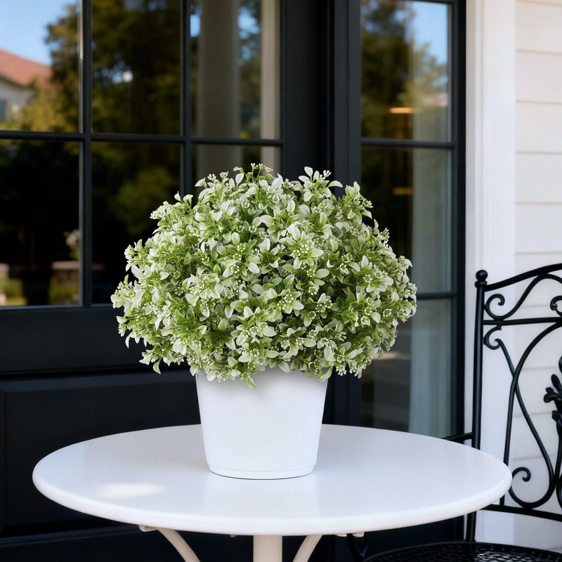 FOTEEWL Set of 2 Artificial Boxwood Topiary Ball Trees for Front Door - Realistic Faux Aglaia Odorata Bush with Pot, Fake Eucalyptus Leaves Potted Plants for Porch Farmhouse Outdoor Decor (White-Green) - Image 4