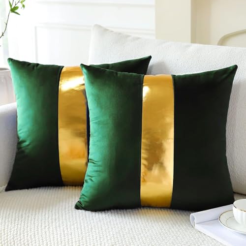 AEROHAVEN™ Set of 2 Premium Velvet with Gold Stripes Decorative Throw Pillow/Cushion Covers with Invisible Zipper - (16 x 16 Inch, Forest Green) - Image 1