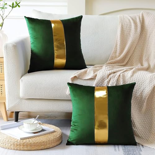 AEROHAVEN™ Set of 2 Premium Velvet with Gold Stripes Decorative Throw Pillow/Cushion Covers with Invisible Zipper - (16 x 16 Inch, Forest Green) - Image 2