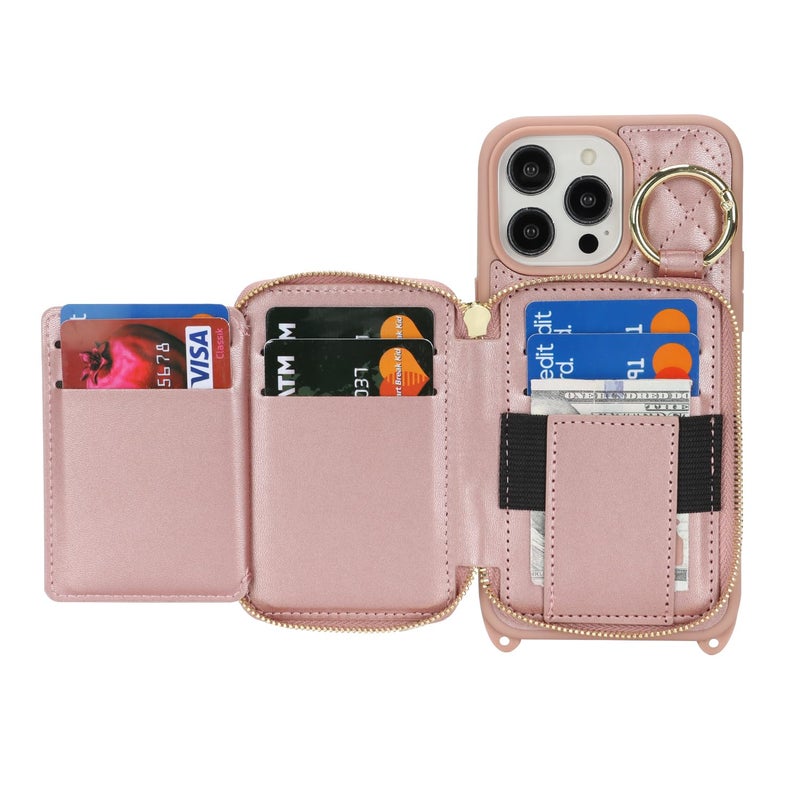 Hamany Crossbody Wallet Case for iPhone 14 Pro Max, PU Leather Zipper Handbag Purse Flip Cover, Kickstand Folio Case with Card Slots Holder Wrist Strap Lanyard 5G 6.7 Inch-Rose Gold - Image 5