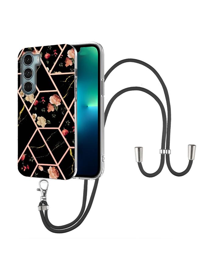 S-TOP Case For Motorola Moto G200 Splicing Marble Flower Pattern TPU Phone Case with Lanyard - Image 1