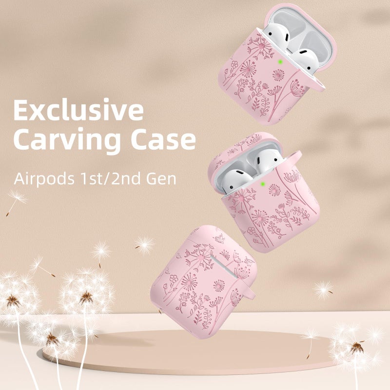 Lerobo Flower Engraved Case for AirPods Case Cover, Stylish Soft Silicone Protector with Keychain, Compatible with Apple AirPods 1st/2nd Generation Charging Case, Front LED Visible, Pink - Image 2
