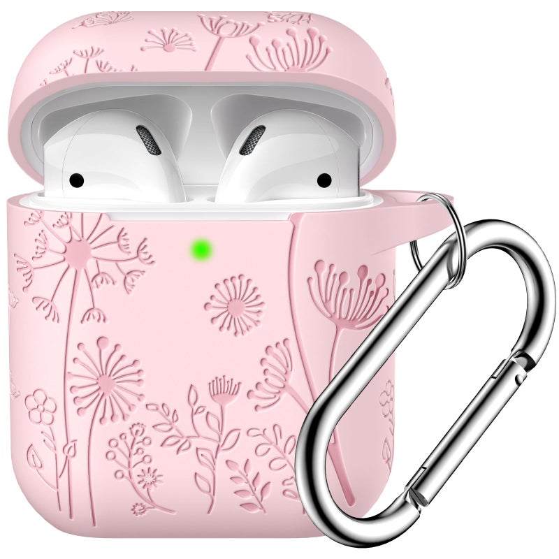Lerobo Flower Engraved Case for AirPods Case Cover, Stylish Soft Silicone Protector with Keychain, Compatible with Apple AirPods 1st/2nd Generation Charging Case, Front LED Visible, Pink - Image 1