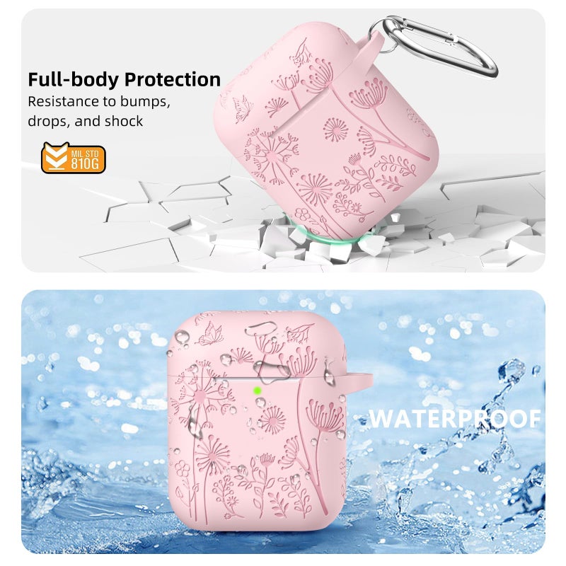 Lerobo Flower Engraved Case for AirPods Case Cover, Stylish Soft Silicone Protector with Keychain, Compatible with Apple AirPods 1st/2nd Generation Charging Case, Front LED Visible, Pink - Image 3