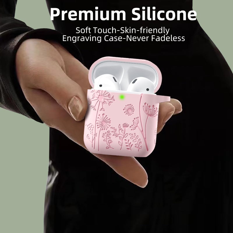 Lerobo Flower Engraved Case for AirPods Case Cover, Stylish Soft Silicone Protector with Keychain, Compatible with Apple AirPods 1st/2nd Generation Charging Case, Front LED Visible, Pink - Image 4