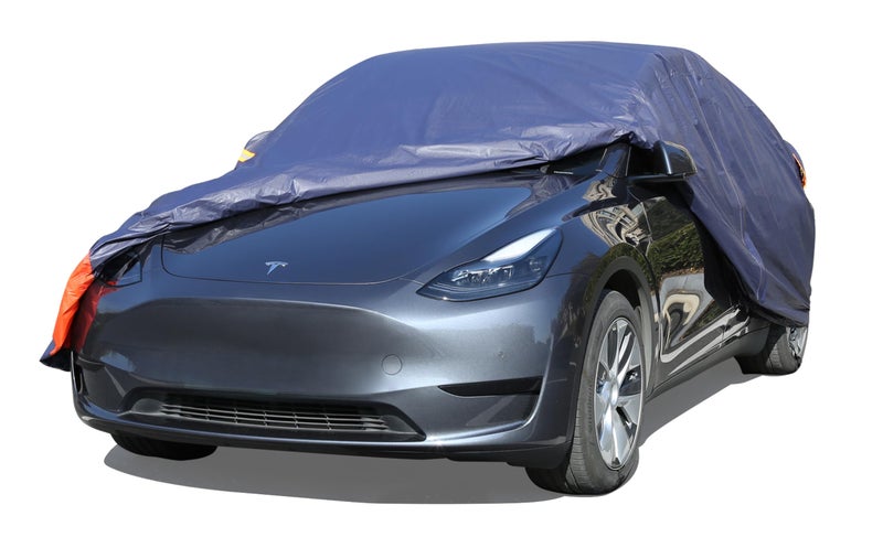Tesla Model Y Car Cover Waterproof All Weather 6 Layers Outdoor Full Exterior Cover Rain Sun UV Snowproof Protection with Zipper Cotton Mirror Pocket and Charging Port