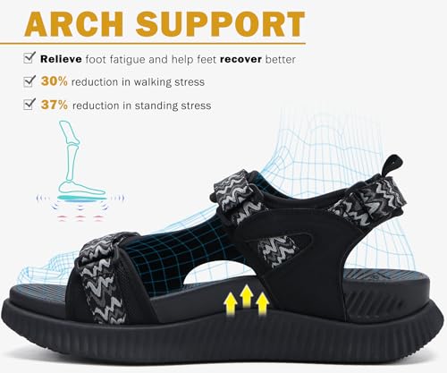 KuaiLu Womens Orthopedic Walking Sandals Comfortable Plantar Fasciitis Arch Support Summer Outdoor Travel Outfits Platform Cushion Shoes Athletic Sport Recovery Adjustable Strap Slides Black Size 8 - Image 3