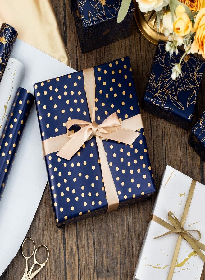 Yarcony Gift Wrapping Paper Roll - 17 Inch X 120 Inch Per Roll Luxury Navy Gold Flower, Polka Dot & White Gold Marble Gift Wrap Paper for Men Birthday, Father's Day, Christmas, Holiday, Graduation - Image 4