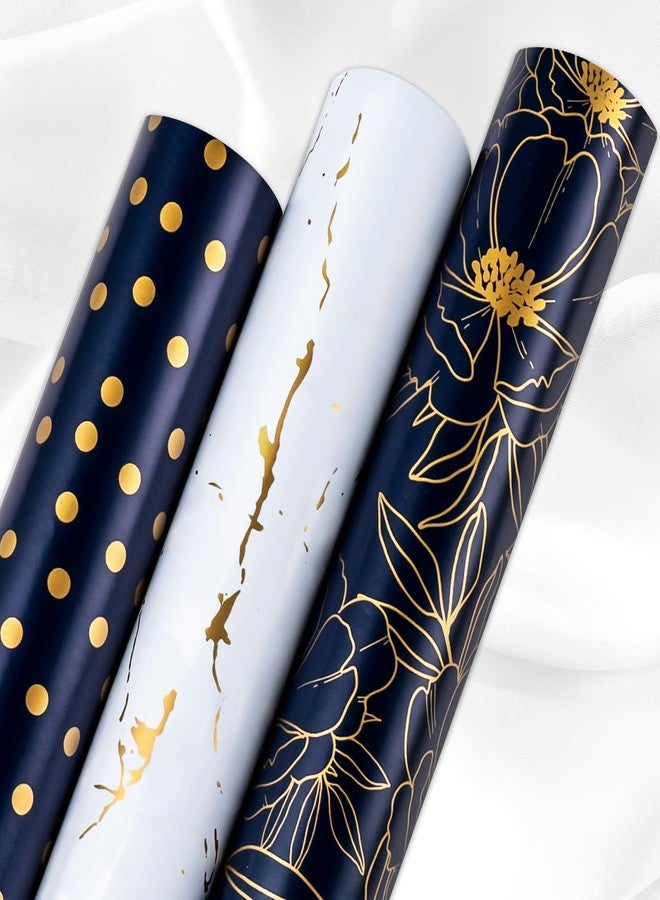 Yarcony Gift Wrapping Paper Roll - 17 Inch X 120 Inch Per Roll Luxury Navy Gold Flower, Polka Dot & White Gold Marble Gift Wrap Paper for Men Birthday, Father's Day, Christmas, Holiday, Graduation - Image 1