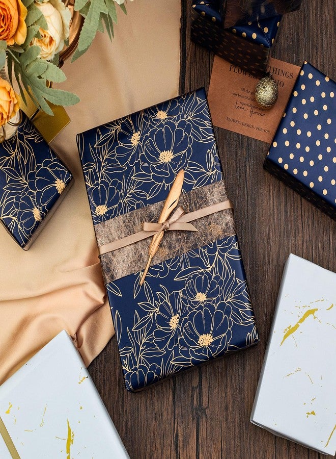 Yarcony Gift Wrapping Paper Roll - 17 Inch X 120 Inch Per Roll Luxury Navy Gold Flower, Polka Dot & White Gold Marble Gift Wrap Paper for Men Birthday, Father's Day, Christmas, Holiday, Graduation - Image 2