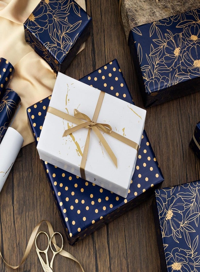 Yarcony Gift Wrapping Paper Roll - 17 Inch X 120 Inch Per Roll Luxury Navy Gold Flower, Polka Dot & White Gold Marble Gift Wrap Paper for Men Birthday, Father's Day, Christmas, Holiday, Graduation - Image 3