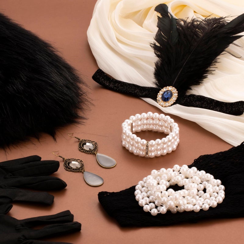 EIELO 1920s Great Gatsby Accessories Set for Women Women's Faux Fur Wraps Wedding Fur Shawls Sleeveless Headpiece Headband Flapper Roaring 20s Costume Accessories Sey - Image 5