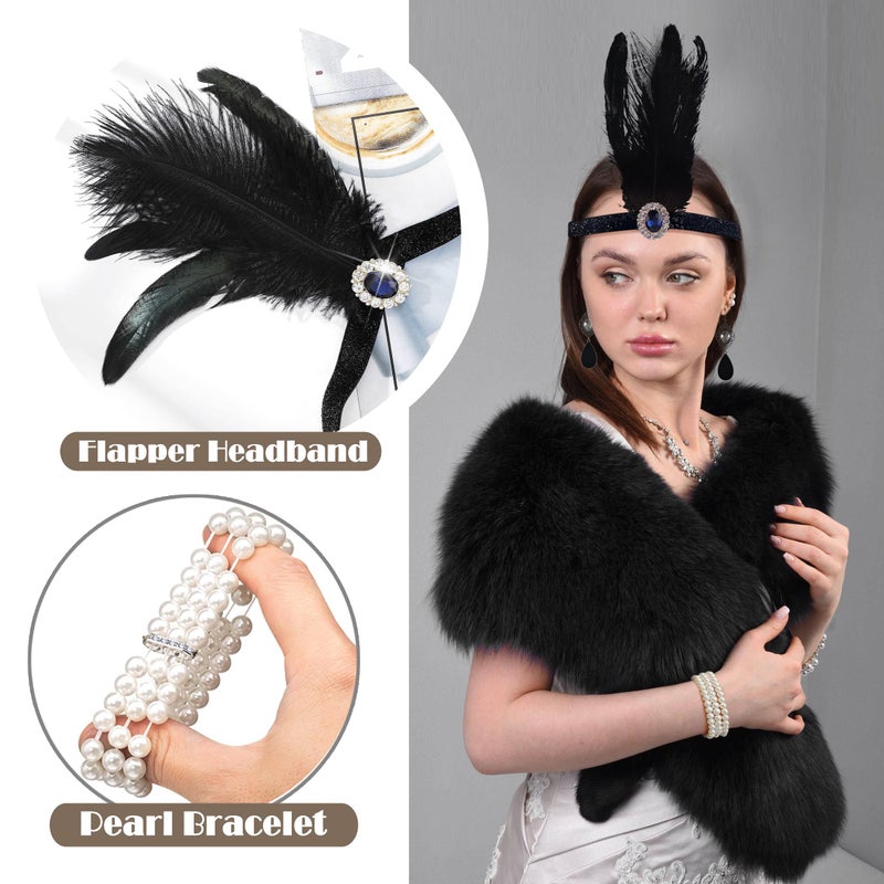 EIELO 1920s Great Gatsby Accessories Set for Women Women's Faux Fur Wraps Wedding Fur Shawls Sleeveless Headpiece Headband Flapper Roaring 20s Costume Accessories Sey - Image 4