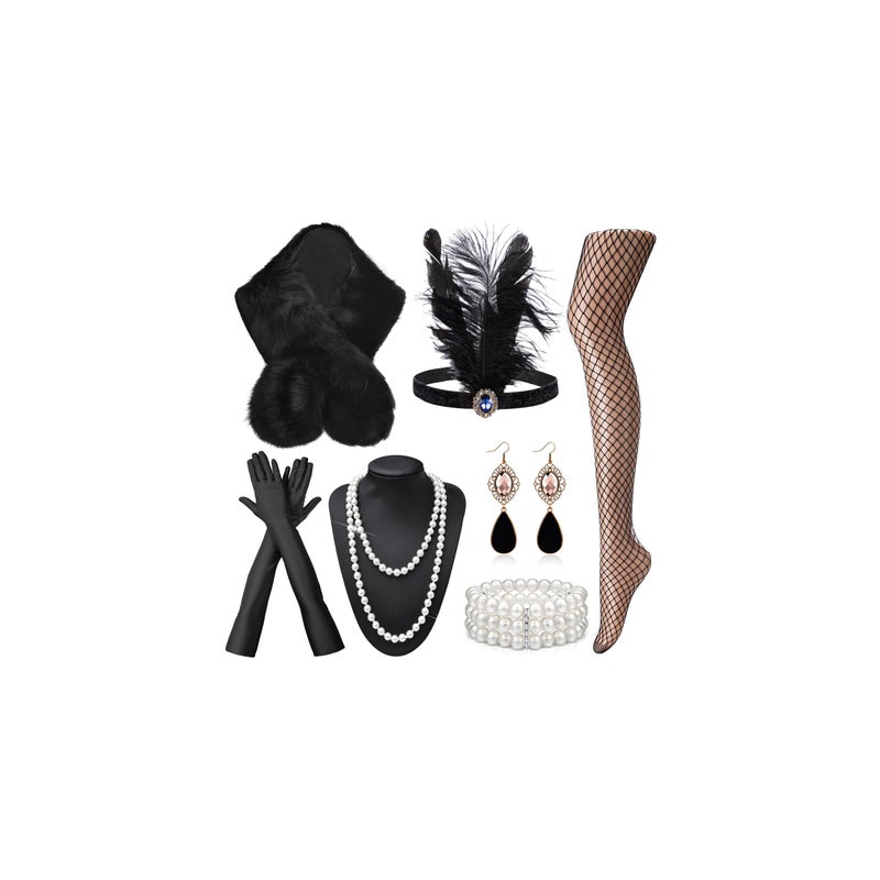 EIELO 1920s Great Gatsby Accessories Set for Women Women's Faux Fur Wraps Wedding Fur Shawls Sleeveless Headpiece Headband Flapper Roaring 20s Costume Accessories Sey - Image 1
