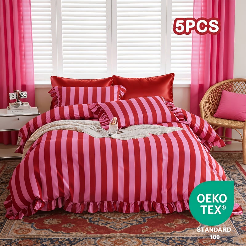 5pcs Striped Pattern Bedding, Includes 1 Duvet Cover + 4 Pillowcases (No Inserts), Ruffled Washed Fiber Duvet Cover and Pillowcases, Essential for Exquisite Home Decor, Mother's Day Birthday Gift Set - Image 2