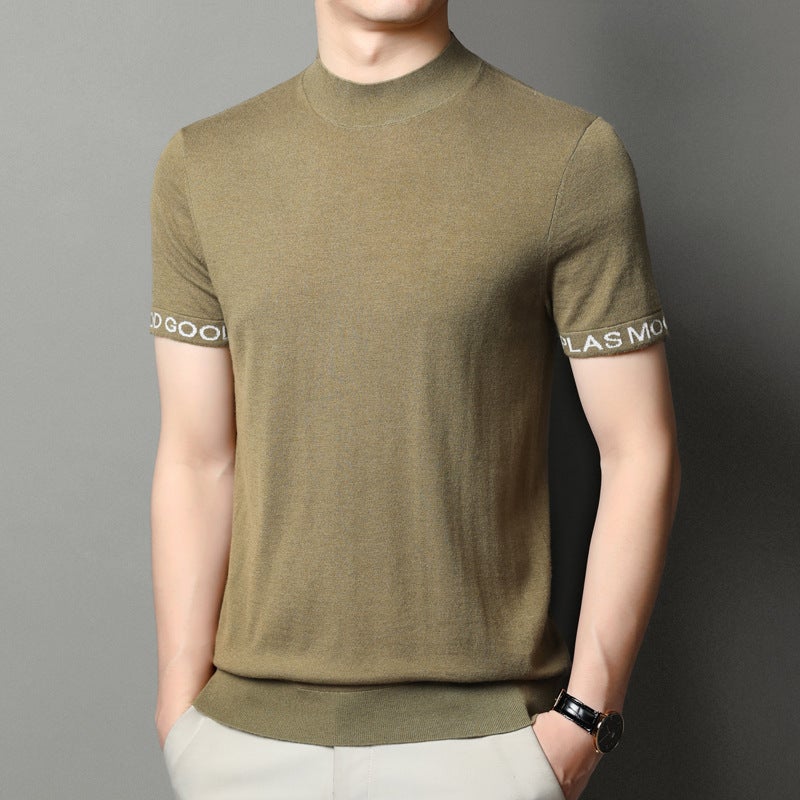 Short-sleeved sweater men's T-shirt all wool 2023 spring and summer wear young and middle-aged men's base sweater semi-turtleneck sweater - Image 1