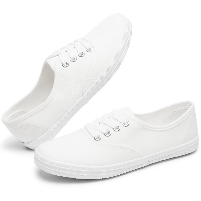 TUOPIN Womens White Canvas Sneakers Low Top Lace-up Canvas Shoes Lightweight Casual Tennis Shoes(White.US8.5) - Image 1
