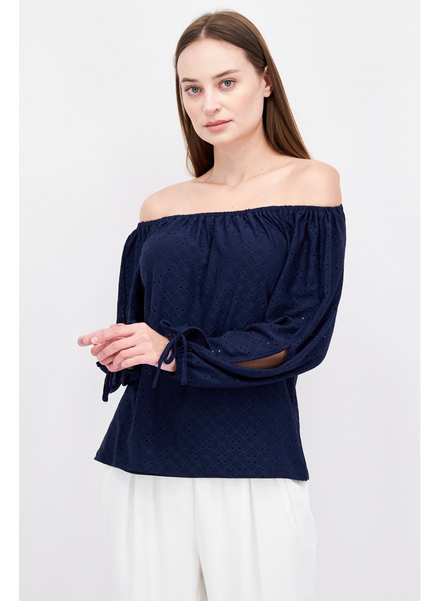 Women Off Shoulder Long Sleeve Textured Top, Navy - pzsku/ZAFEEFFA2A99417A210D1Z/45/_/1737642470/12a02a12-5ac1-4b54-8ef3-a750c02a9407