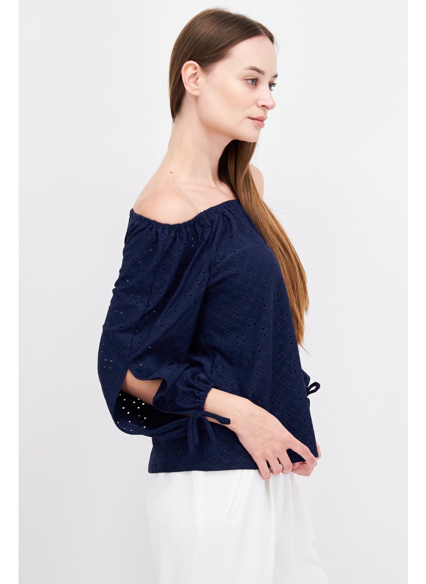 Women Off Shoulder Long Sleeve Textured Top, Navy - pzsku/ZAFEEFFA2A99417A210D1Z/45/_/1737642471/fb37c2b3-c0e8-4a1f-bf39-bd968276ceb6