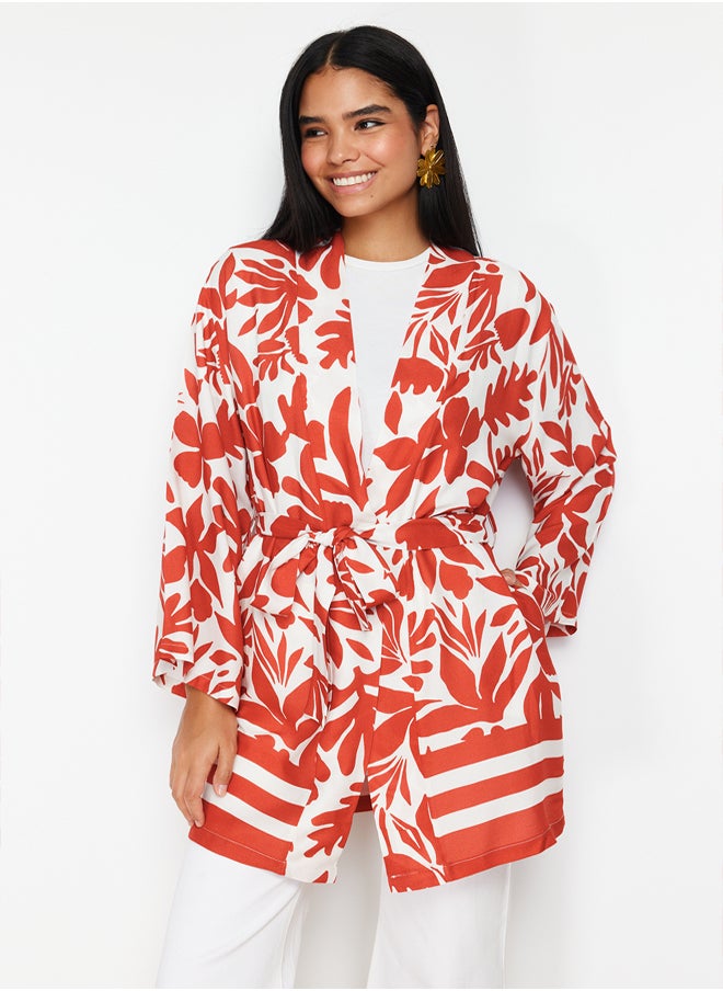 trendyol - Red Floral Patterned Kimono & Kaftan with Tie Detail and Pockets TCTSS21KK0004 - Image 1