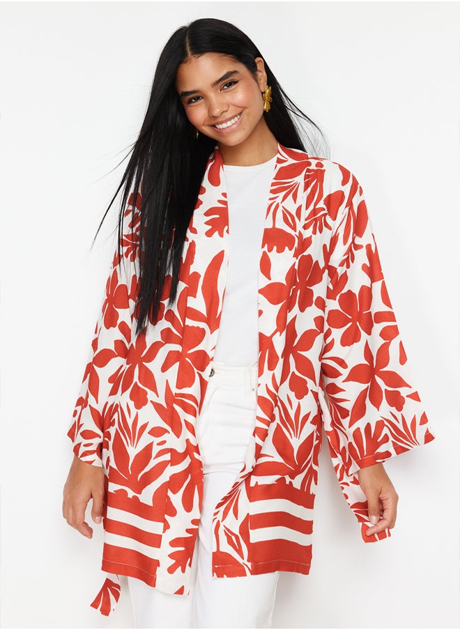trendyol - Red Floral Patterned Kimono & Kaftan with Tie Detail and Pockets TCTSS21KK0004 - Image 1
