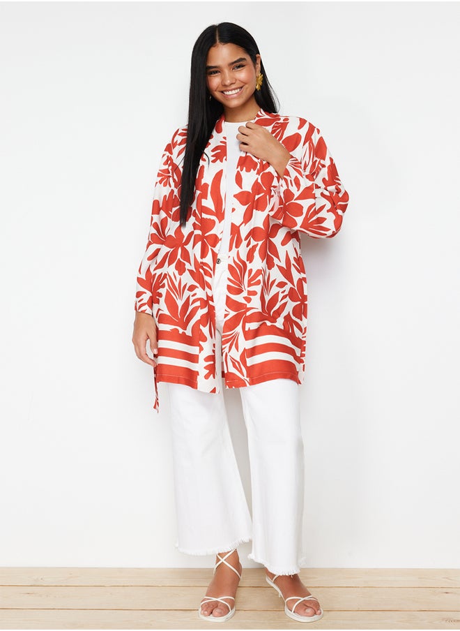 trendyol - Red Floral Patterned Kimono & Kaftan with Tie Detail and Pockets TCTSS21KK0004 - Image 1