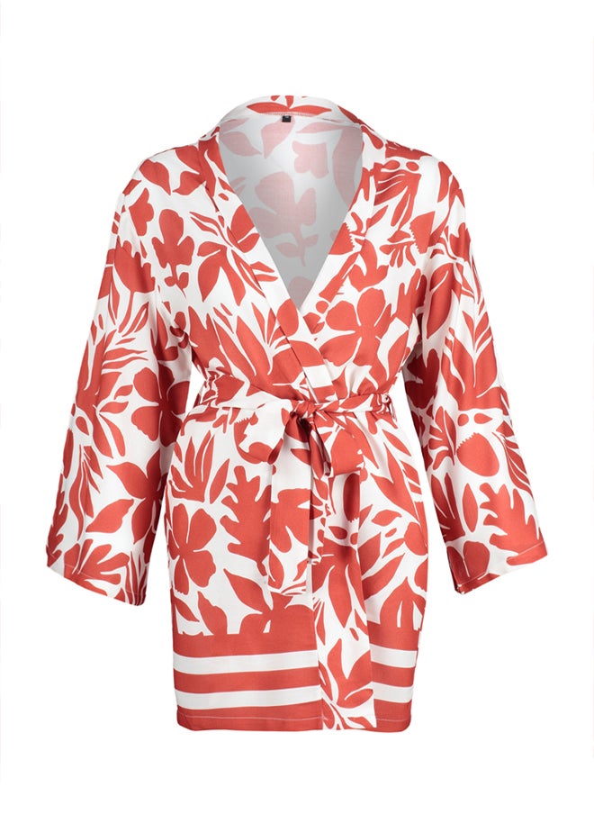 trendyol - Red Floral Patterned Kimono & Kaftan with Tie Detail and Pockets TCTSS21KK0004 - Image 1