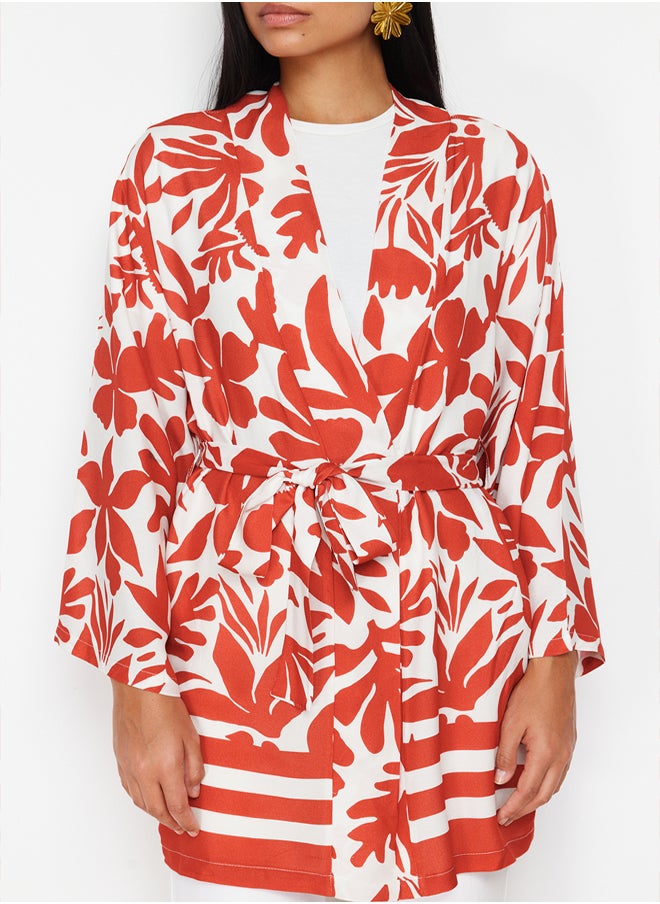 trendyol - Red Floral Patterned Kimono & Kaftan with Tie Detail and Pockets TCTSS21KK0004 - Image 1
