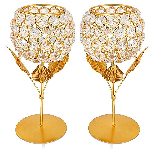 obbi Beautiful Crystals Rose Gold Polish Candle Holder for Decoration Set of Two 9 inches (Big Size), Metal - Image 1