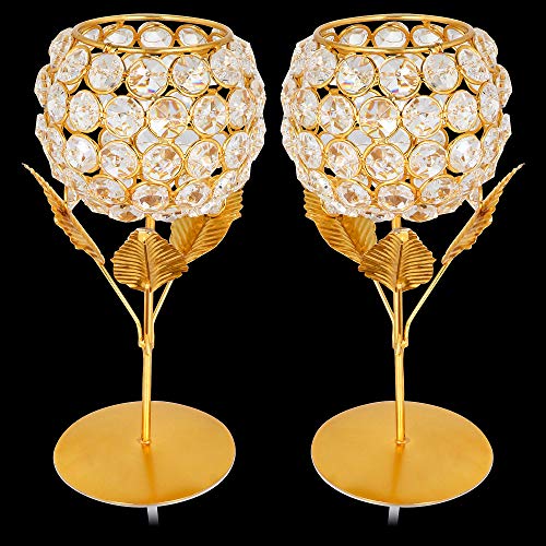 obbi Beautiful Crystals Rose Gold Polish Candle Holder for Decoration Set of Two 9 inches (Big Size), Metal - Image 2