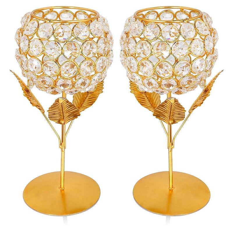 obbi Beautiful Crystals Rose Gold Polish Candle Holder for Decoration Set of Two 9 inches (Big Size), Metal - Image 5