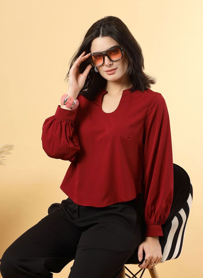 RAASSIO بلوزة حمراء بياقة دائرية للنساء - Image 1