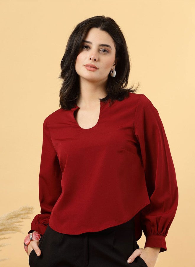 RAASSIO بلوزة حمراء بياقة دائرية للنساء - Image 2