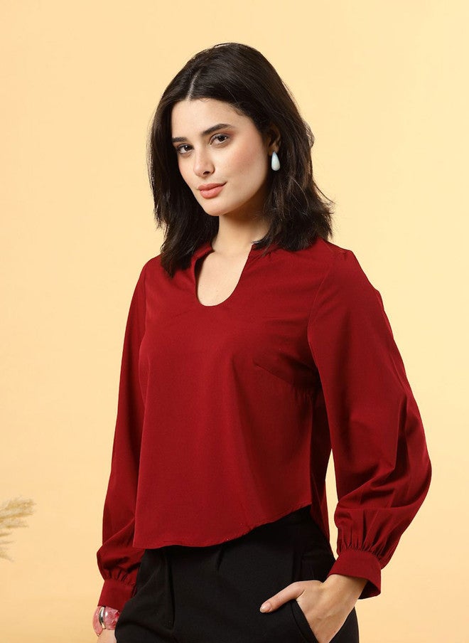 RAASSIO بلوزة حمراء بياقة دائرية للنساء - Image 4