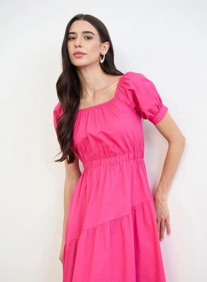 ستايلي Pink Cotton Tiered Maxi Dress with Puff Sleeves