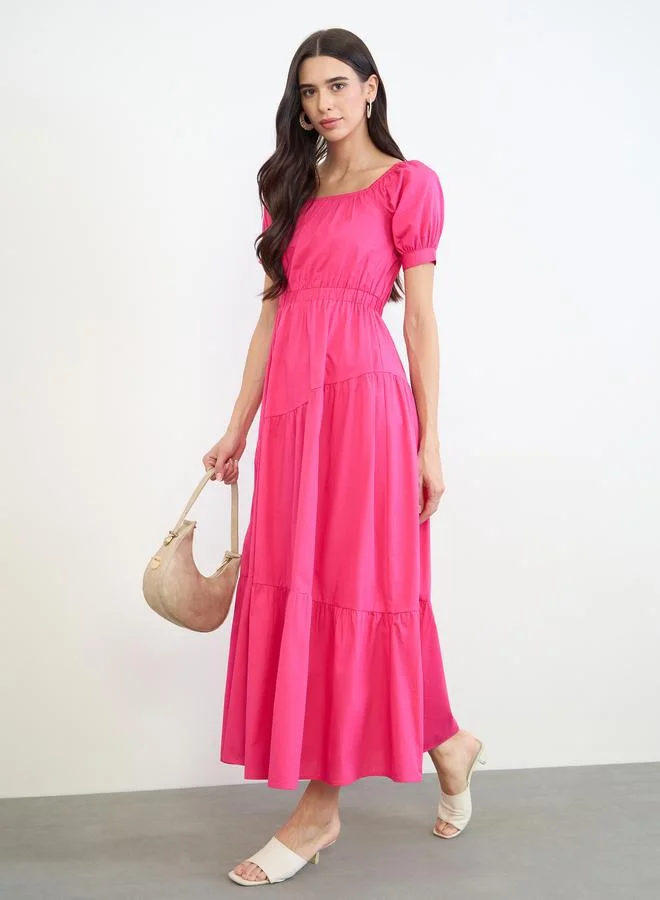 ستايلي Pink Cotton Tiered Maxi Dress with Puff Sleeves