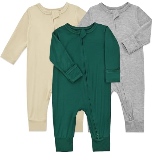 Aablexema Baby Footless Pajamas Bamboo Rayon 3pcs Unisex Infant Zipper Romper with Mitten CuffsBeigeLight GreyGreen03m - Image 3