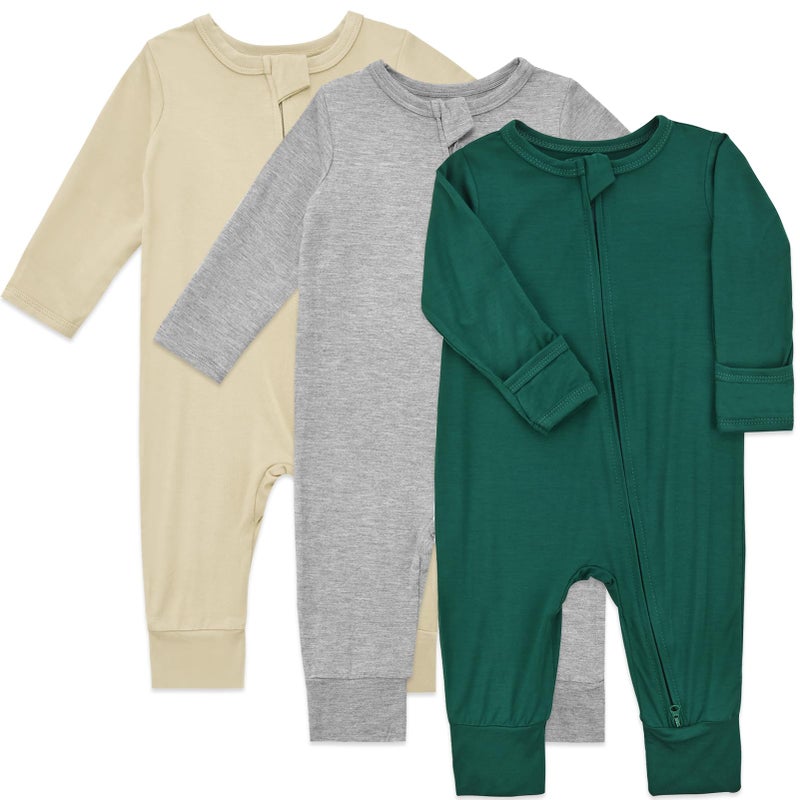 Aablexema Baby Footless Pajamas Bamboo Rayon 3pcs Unisex Infant Zipper Romper with Mitten CuffsBeigeLight GreyGreen03m - Image 2