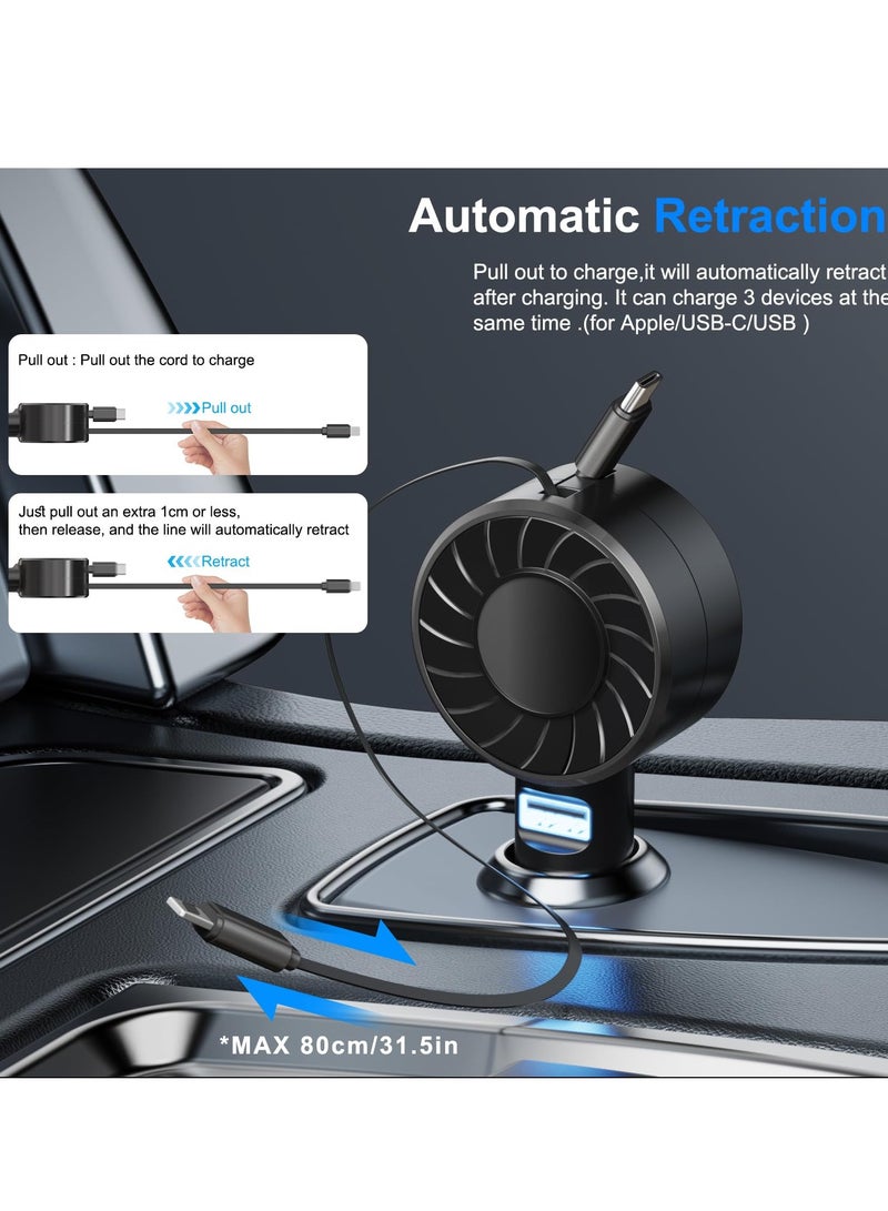 Excefore Retractable Car Charger, Mini Car Adapter, 3 in 1 Small Retractable Phone Charger, 50W Fast Car Charger with Dual Retractable Cable & USB Port, Compatible with iPhone 15/14/13/12 Pro Max and Samsung - Image 3